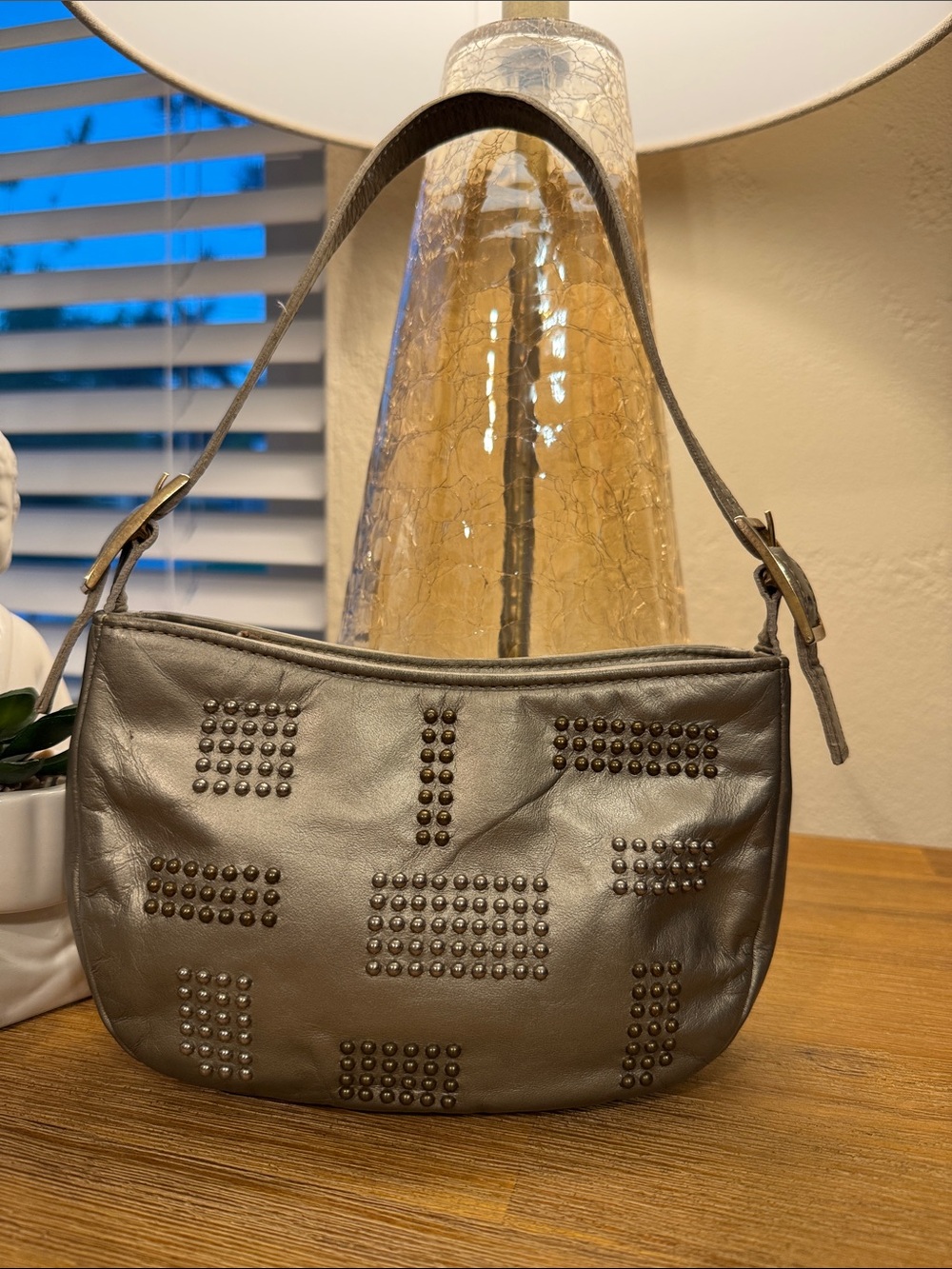 American Vintage Metallic Gray Leather Studded Mini Bag‎ Made in USA
